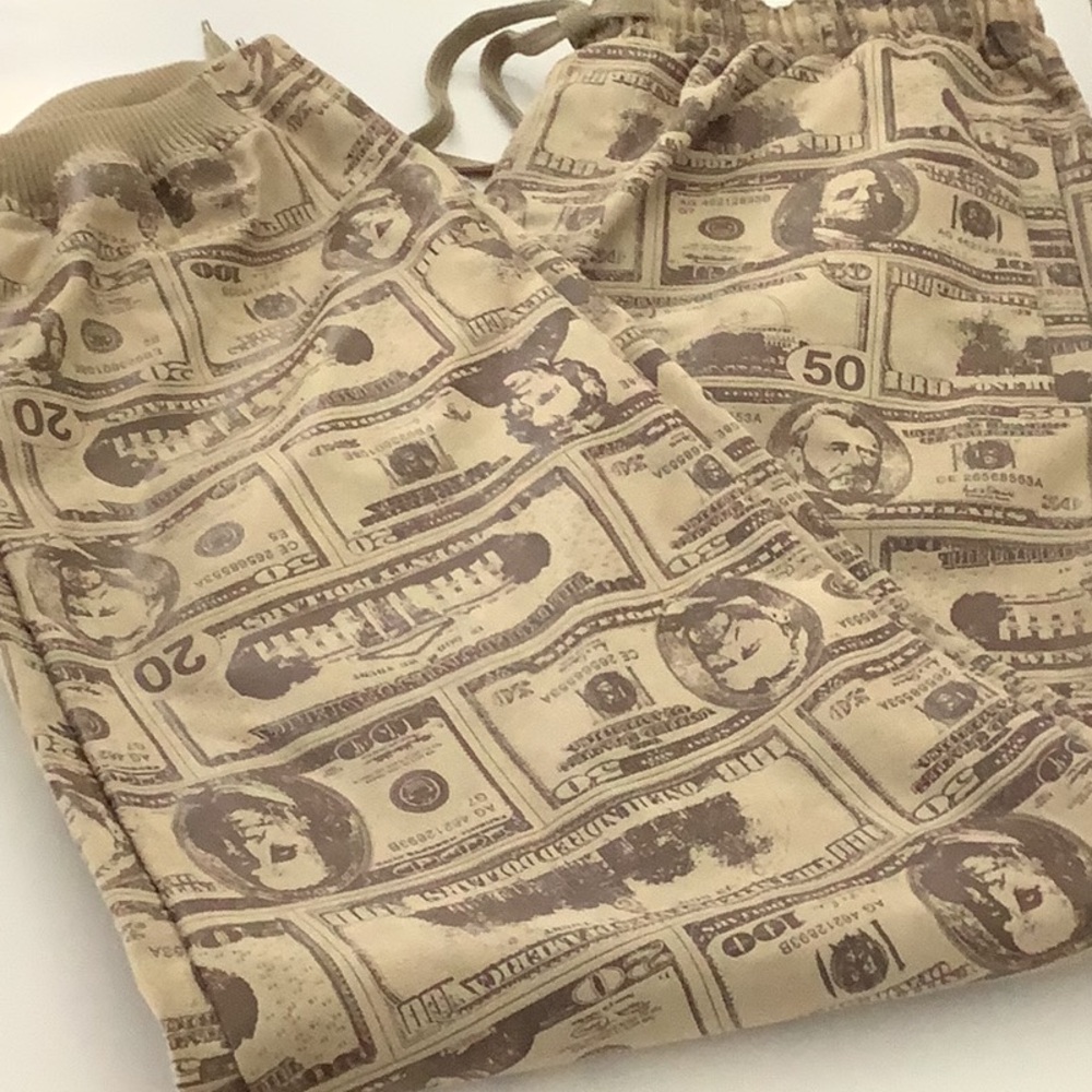 Burgundy, Men’s Graphic Print of Money Jogger Track Pants. Dad Biker Party Y2K